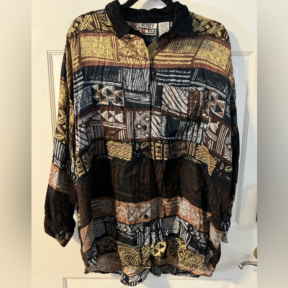 VTG Tribal Boho Velvet Collar Button Up Blouse High Lo Style 90’s Oversized Plus